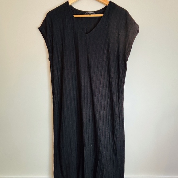 Eileen Fisher Large Wide Rib V-Neck High Low Shift Dress Lagenlook Minimalist - Picture 2 of 11